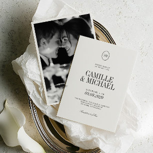 Convite Casamento de Foto Monograma Preto Macio Branco Que