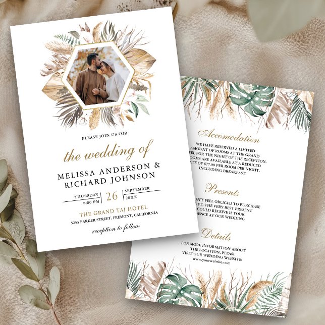 Convite Casamento de Foto Monstera Boho Pampas All in One (Criador carregado)