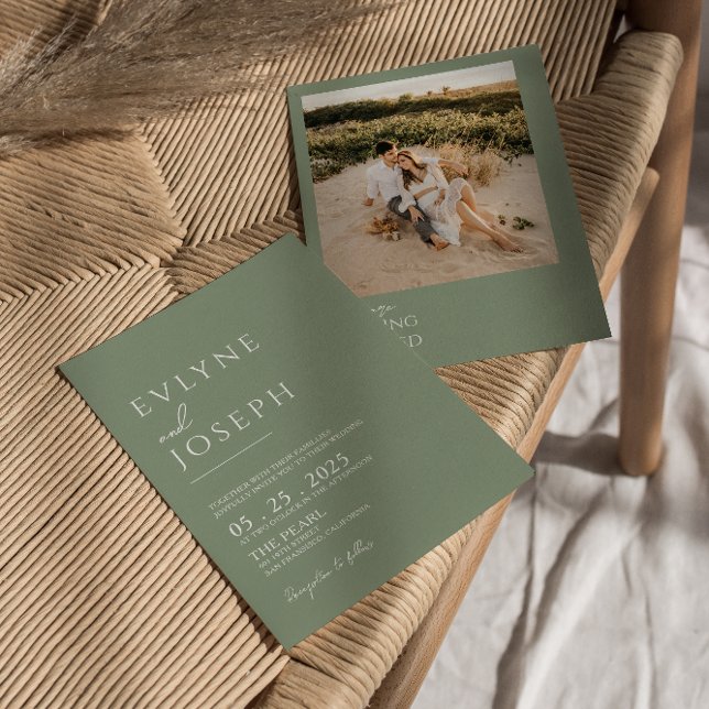 Convite Casamento de Foto Neutral de Boho Verde Minimalist (Criador carregado)
