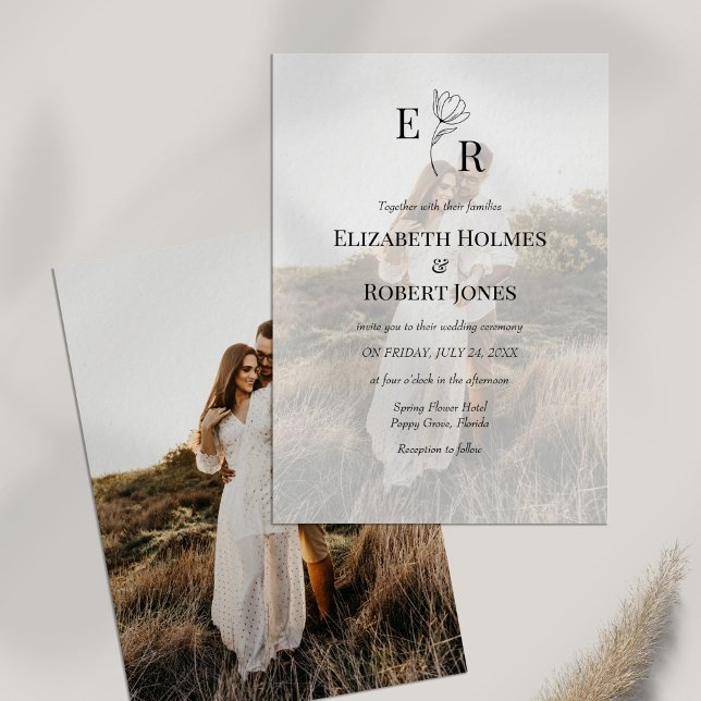 Convite Casamento de Foto Personalizada com Monograma Flor (Boho Elegant Floral Monogram Custom Photo Wedding Invitation on white table with dry wildflower.)