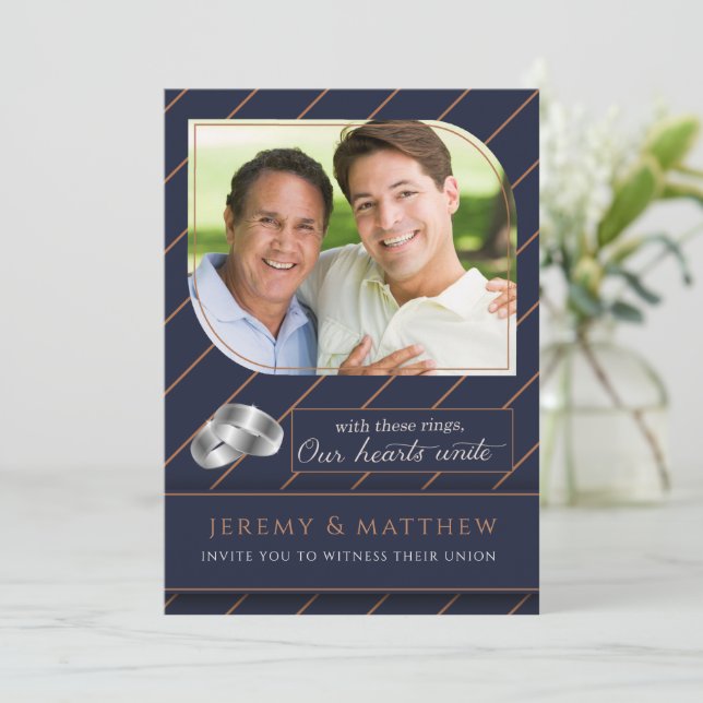 Convite Casamento de Foto Pinstripe Azul gay e Lésbica (Em pé/Frente)