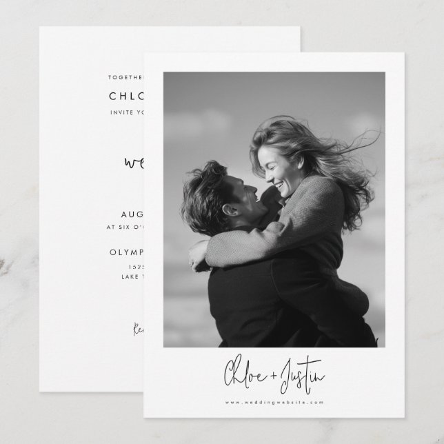 Convite Casamento de Foto Polaroid com Letra Moderna e Ele (Frente/Verso)