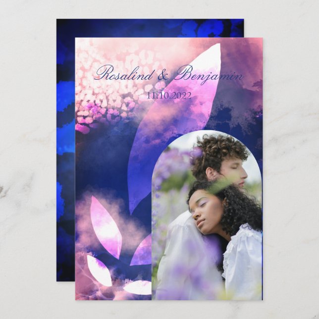 Convite Casamento de Foto por Arco Violeta Dourado Elegant (Frente/Verso)