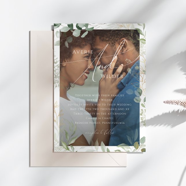 Convite Casamento de Foto por Frame Dourado de Wreath Gree (Criador carregado)