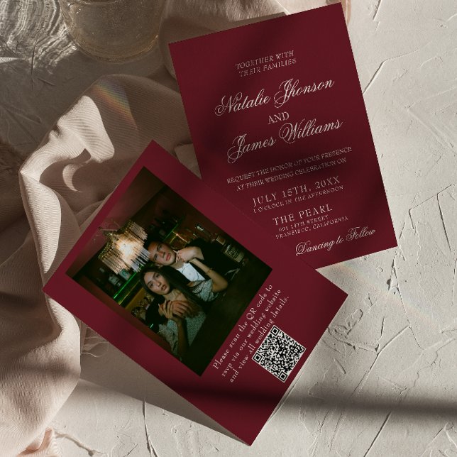 Convite Casamento de Foto QR Code Clássico Burgundy Old Mo (Criador carregado)