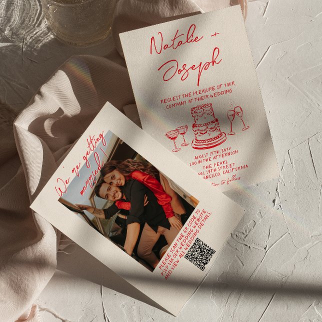 Convite Casamento de Foto QR Code Vermelho Desenhado à Mão (Criador carregado)