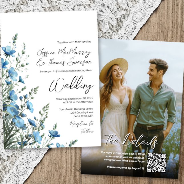 Convite Casamento de Foto QR de Flores Silvestres Boho em  (Front/Back)