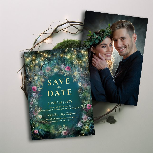 Convite Casamento de Foto Rosa da Floresta Encantada Salve (enchanted forest photo wedding save the date magical fairy tale woodland roses gold emerald green)
