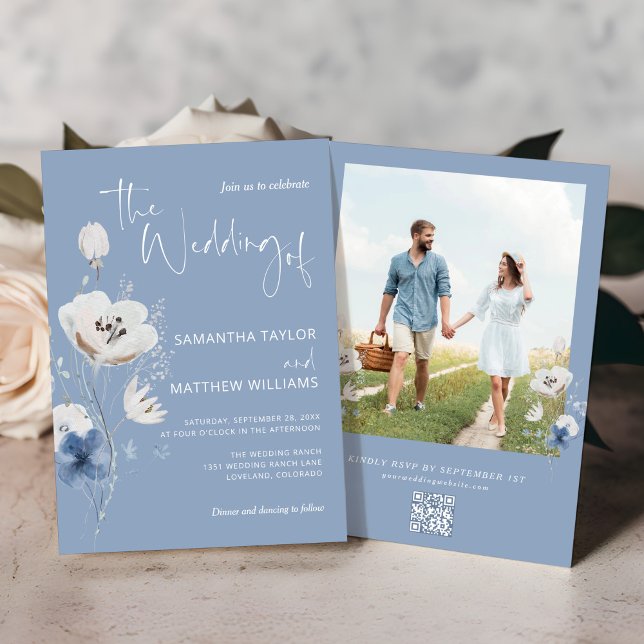 Convite Casamento de Foto RSVP de Código QR Floral Dusty B (Criador carregado)