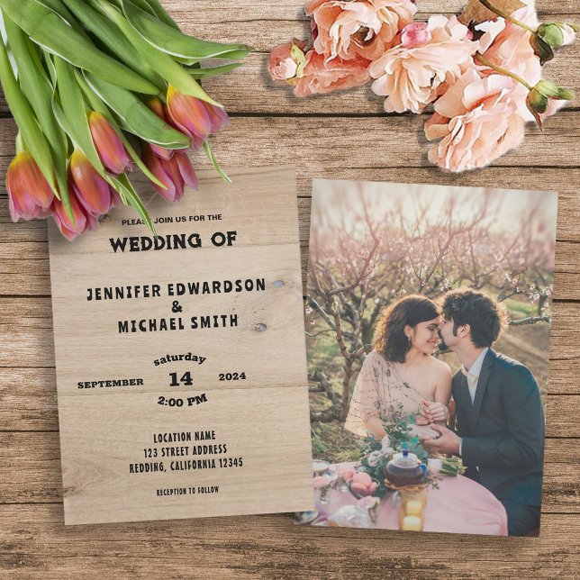 Convite Casamento de foto russa do celeiro de madeira (Rustic barn wood typography, photo rural country wedding invitation.)