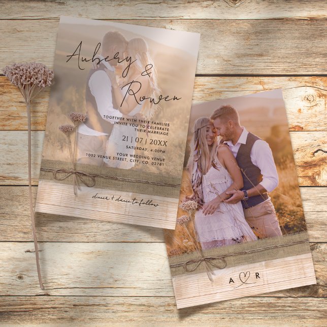 Convite Casamento de Foto Rustic Burlap Wood Wildflower Bo (Criador carregado)