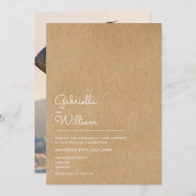 Convite Casamento de Foto Rustic Kraft, Script Natural Sim (Frente/Verso)