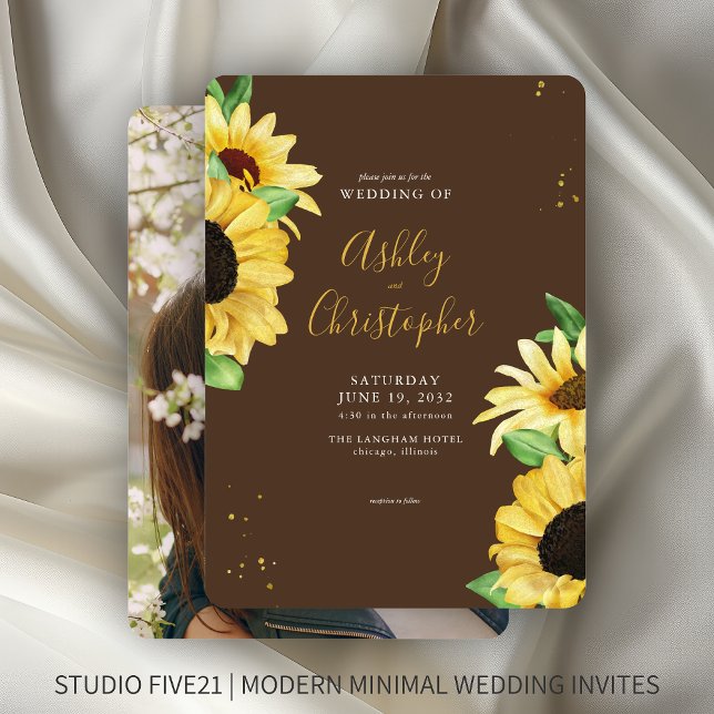 Convite Casamento de Foto Rustic Sunflower Brown (Criador carregado)