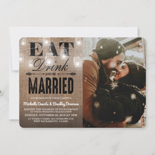 Convite Casamento de Foto Rústica Comer Beber e se Casar (Frente)
