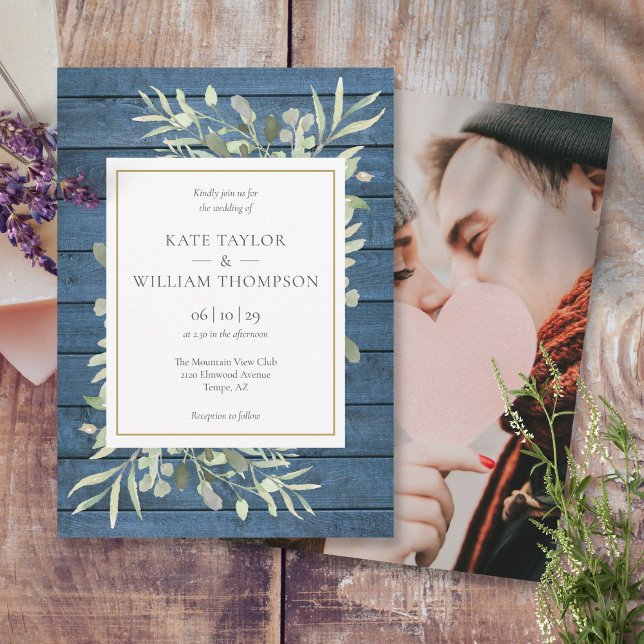 Convite Casamento de Foto Rústico em Azul Naval Dourado (Navy Blue Greenery Gold Rustic Photo Wedding Invitation)