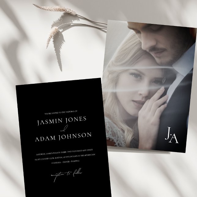 Convite Casamento de Foto Simples de Monograma Preto Minim (Minimalist Black Simple Monogram Photo Wedding Invitation)