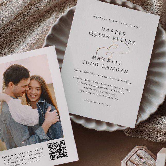 Convite Casamento de Foto Simples e Elegante (Elegant Typography Black and White with Gold Photo Wedding Invitation with QR code.)