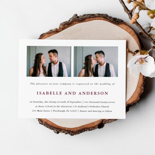 Convite Casamento de Foto Simples e Moderno da Borgonha (Criador carregado)
