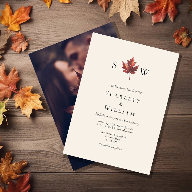 Convite Casamento de Foto Simples Fall Leaf Cream Monogram (Criador carregado)