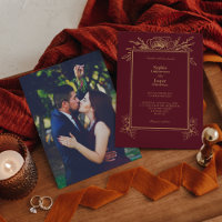 Casamento de Foto Simples Floral Dourado Burgundy