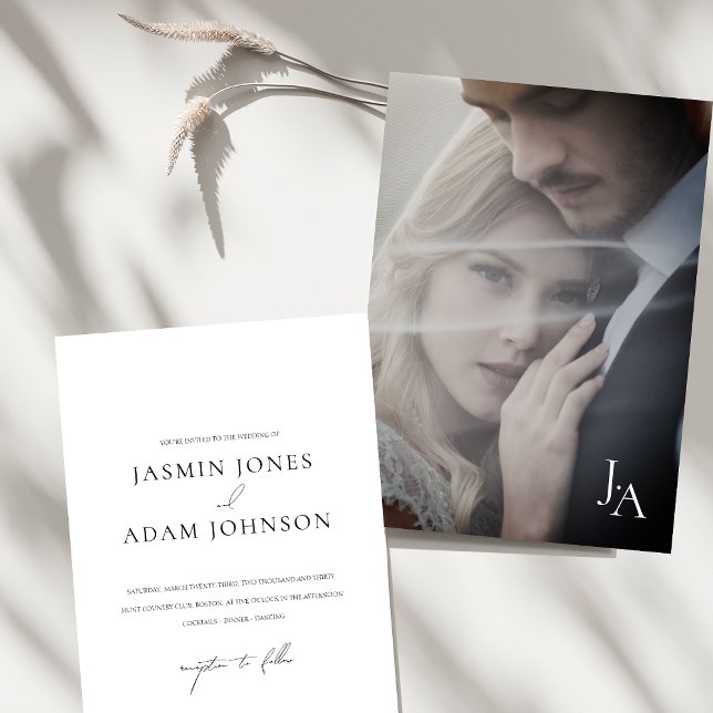 Convite Casamento de Foto Simples Monograma Branco Minimal (Minimalist White Simple Monogram Photo Wedding Invitation)