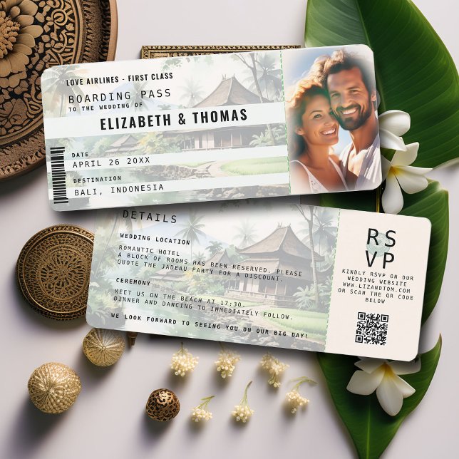 Convite Casamento de Foto Verde de Embarque de Destino Bal (photo boarding pass destination wedding invitation rsvp qr code bali indonesia watercolor elegant)