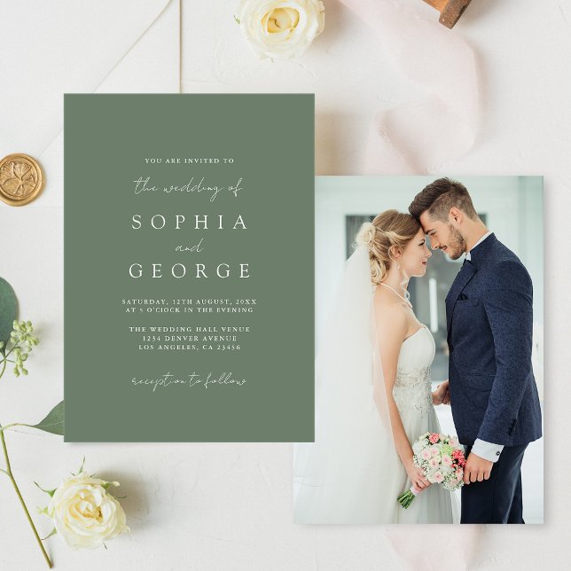 Convite Casamento de Foto Verde de Sage Simples Moderno (Criador carregado)