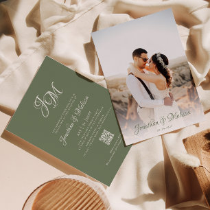 Convite Casamento de Foto Verde do Script Monograma do Cód