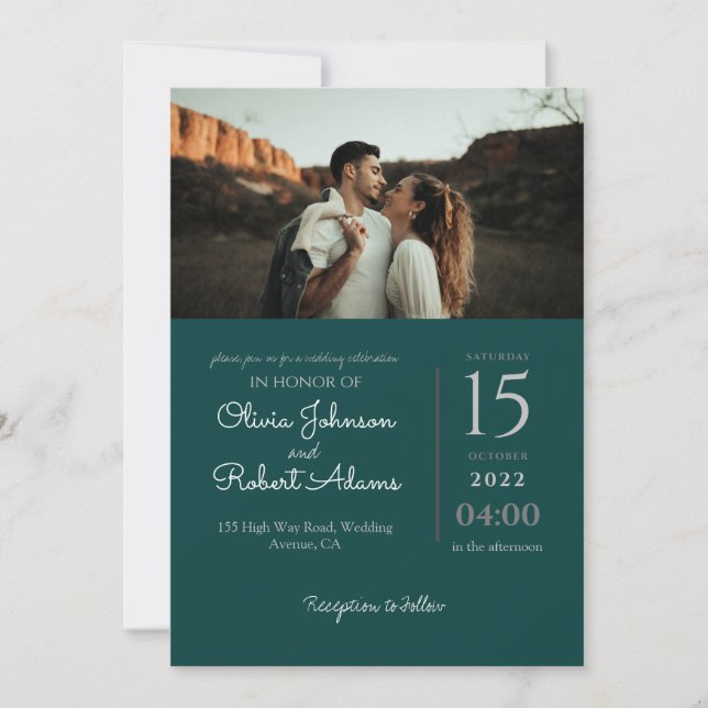 Convite Casamento de Foto Verde e Esmeralda Minimalista (Frente)