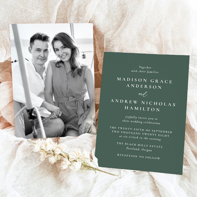 Convite Casamento de Foto Verde Mínimo Moderno (Criador carregado)