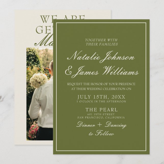 Convite Casamento de Foto Verde Oliva Clássico com Dinheir (Frente/Verso)
