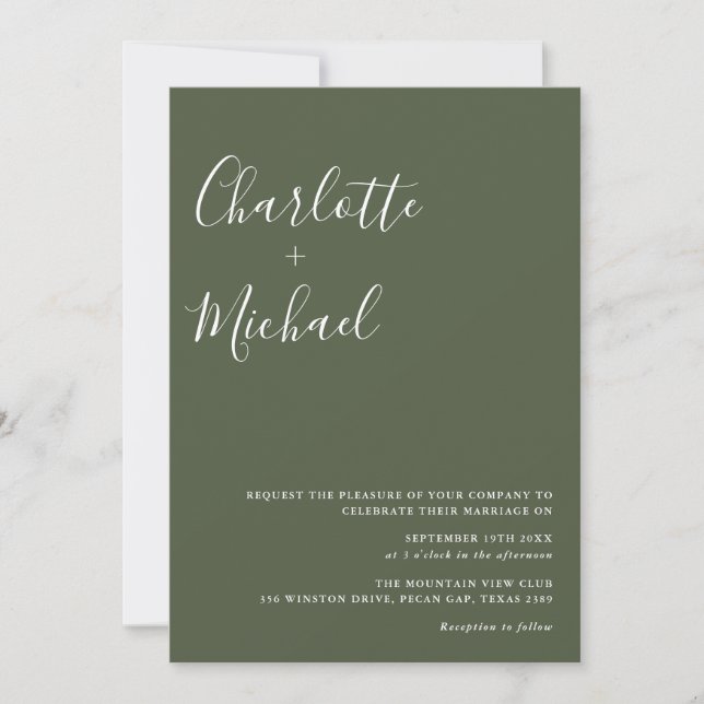 Convite Casamento de Foto Verde Oliva com Roteiro Minimali (Frente)