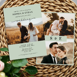 Convite Casamento de Foto Verde Sage com Roteiro Moderno