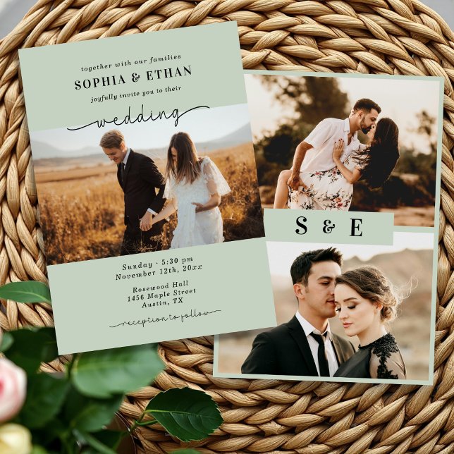 Convite Casamento de Foto Verde Sage com Roteiro Moderno (Criador carregado)