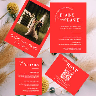 Convite Casamento de Foto Vermelha Minimalista Elegante