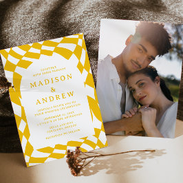 Convite Casamento de Foto Xadrez Amarelo Retrô
