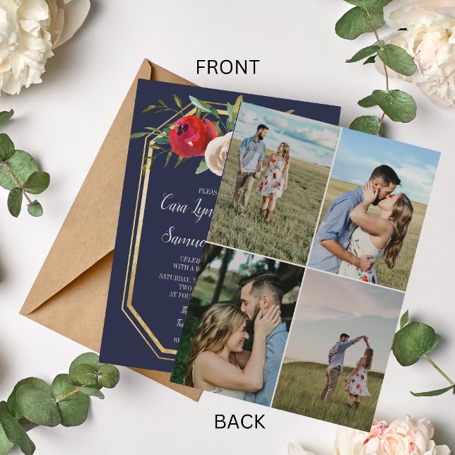 Convite Casamento de Fotografia Azul-Borgonha com Marinho  (Criador carregado)