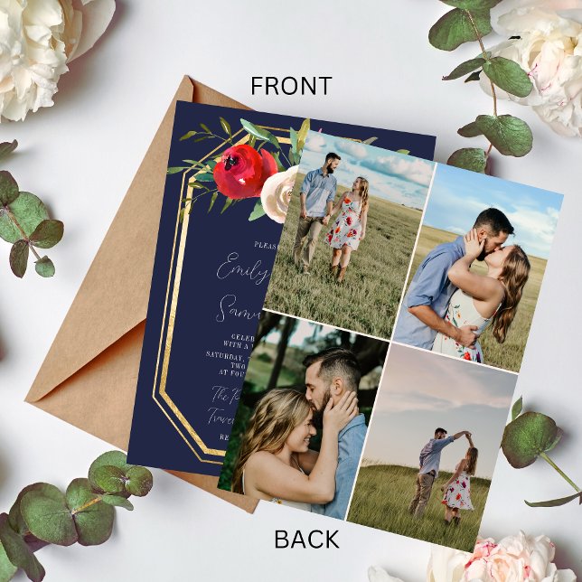 Convite Casamento de Fotografia Azul-Borgonha com Marinho  (Criador carregado)