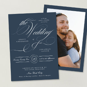 Convite Casamento de Fotografia com Caligrafia Azul Elegan
