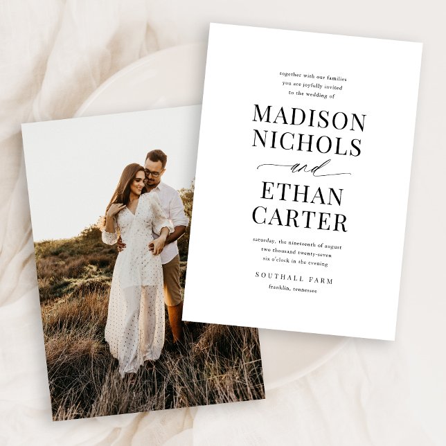 Convite Casamento de Fotografia com Caligrafia Simples Ele (Criador carregado)