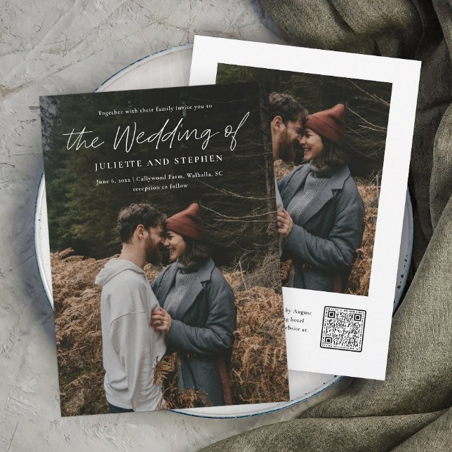Convite Casamento de Fotografia com Código QR Simples de S (A modern minimal photo wedding invitation with QR Code RSVP on the back with additional photo.)