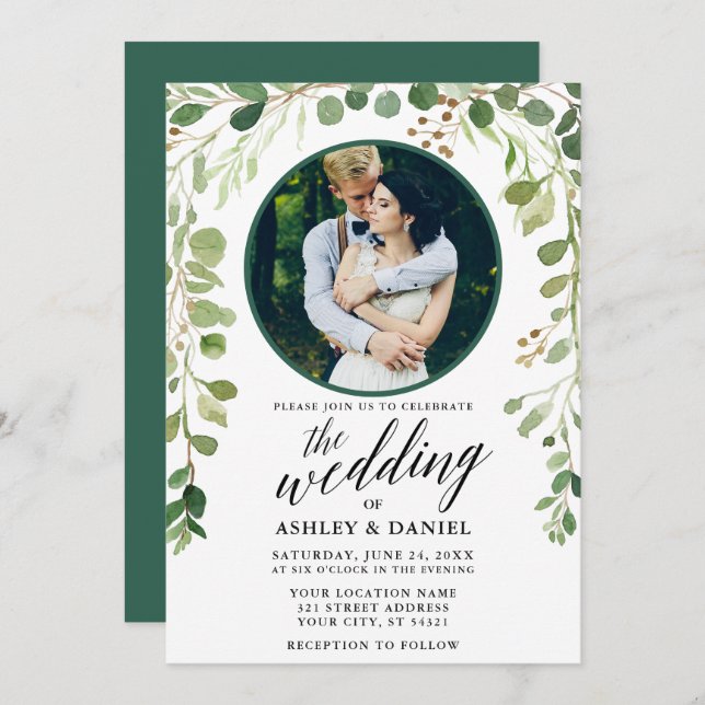 Convite Casamento de Fotografia da Caligrafia Botânica Ver (Frente/Verso)