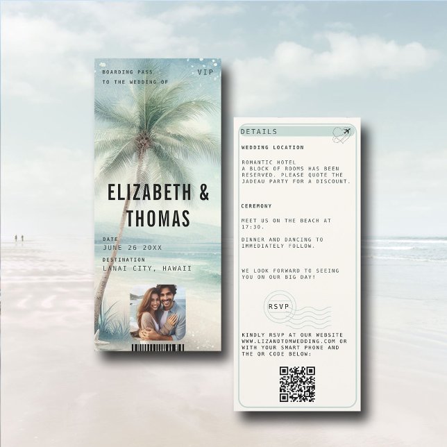 Convite Casamento de Fotografia de Palm Aqua Modern Destin (tropical beach destination wedding invitation boarding pass qr code all in one photo QR watercolor)