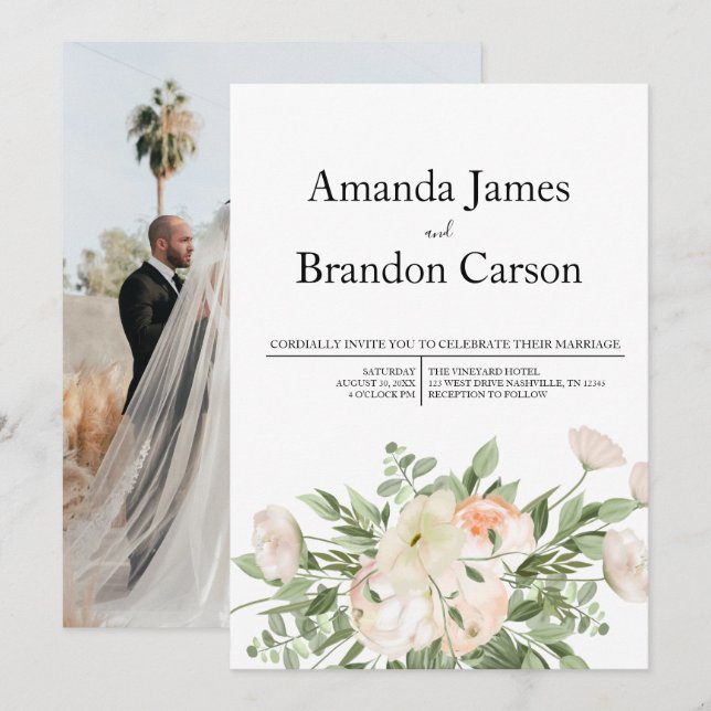 Convite Casamento de Fotografia de Pequim Rosa Elegante (Frente/Verso)