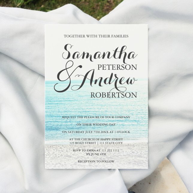 Convite Casamento de fotografia de praia tropical moderna  (Elegant modern tropical beach photography wedding invitation)