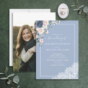 Convite Casamento de Fotografia de Script de Lace Azul-Blu
