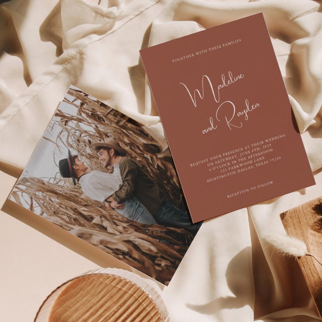 Convite Casamento de Fotografia de Terracotta com Script M (Criador carregado)