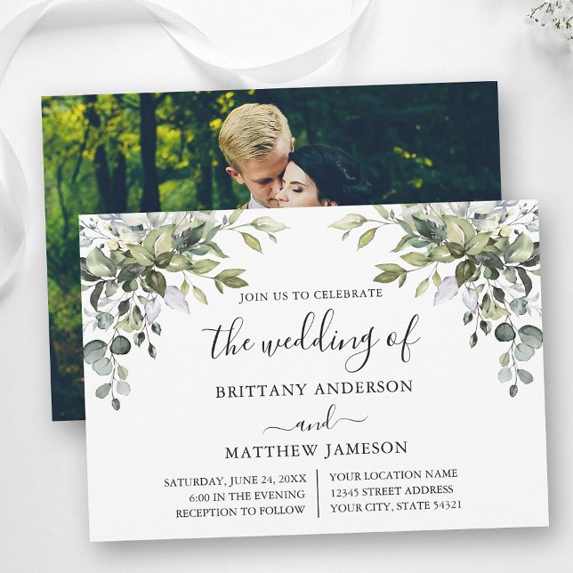 Convite Casamento de Fotografia de Watercolor Greenery Cal (Customize to change text color or text style.)