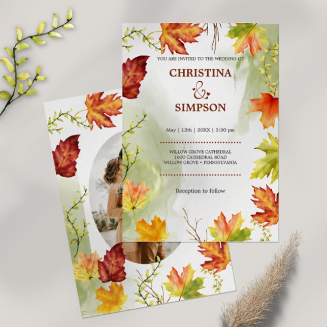 Convite Casamento de Fotografia do Autumn Elegant Watercol (Elegant Yellow Leaves Autumn Photo Wedding Invitation)