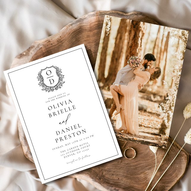 Convite Casamento de Fotografia do Formal Leafy Crest Mono (Criador carregado)